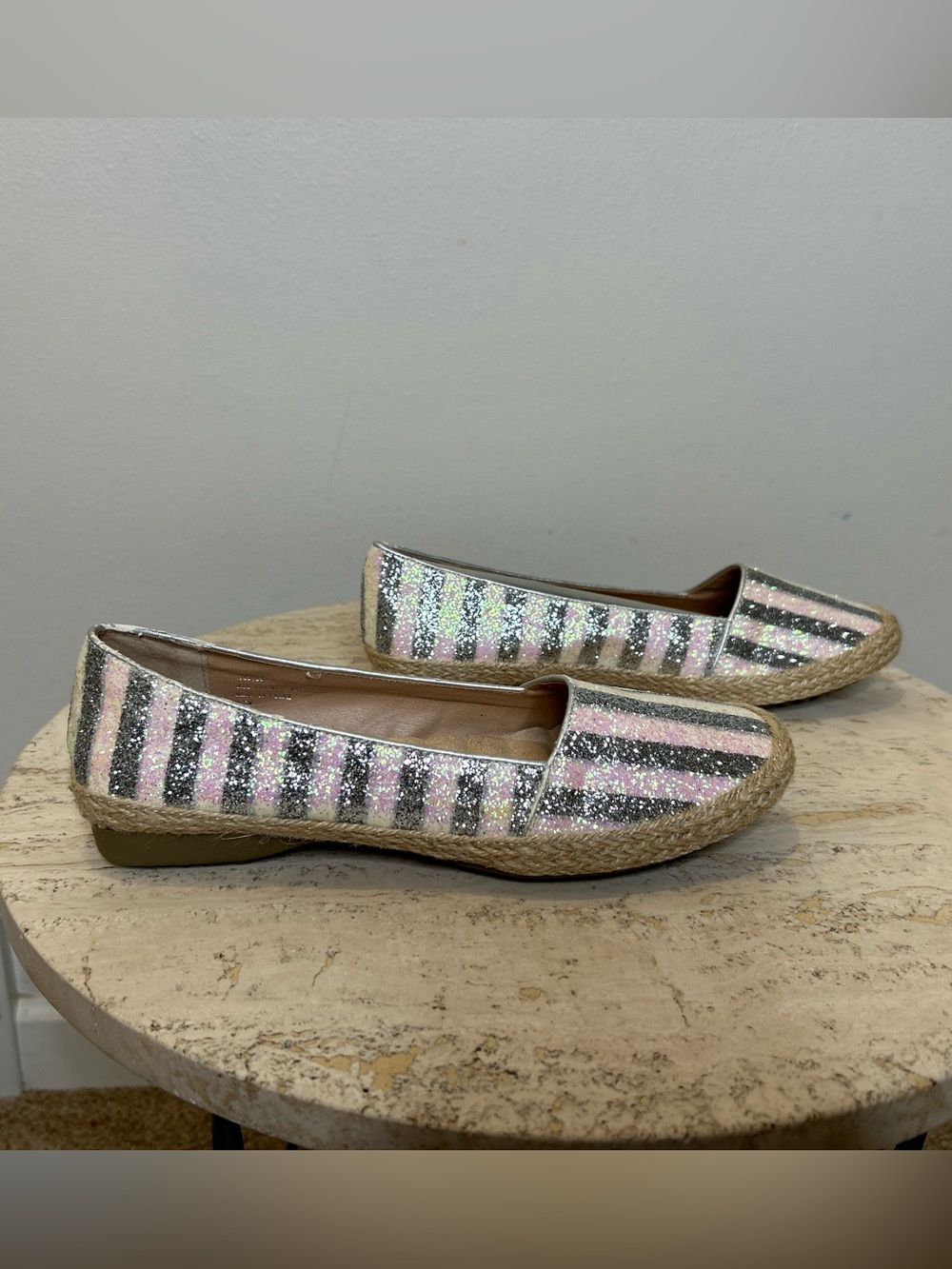 Joan Boyce Glitter Striped Espadrille Flats in Silver and Beige Size 8.5W